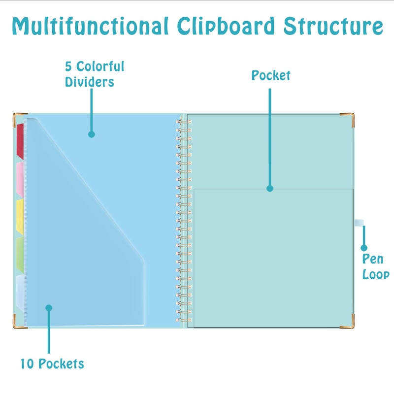 HAUTOCO Clipboard Folio with Refillable Notepad for Letter Size (11"" x 8.5"")  5 Dividers with 10 Pockets  Elastic Pen Holder and File Folder Labels  Spiral Nurse Clipboard Artboard(Blue) - Image 4